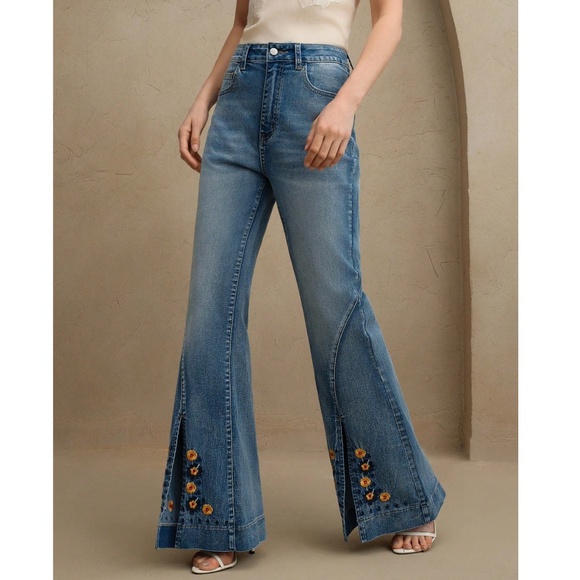 Boho Medium Wash High Waisted Floral Embroidered Split Hem Wide leg Jeans Pant - Picture 6 of 7